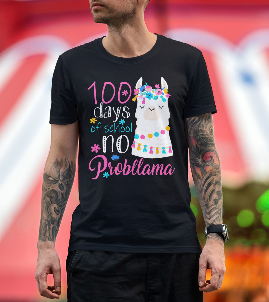 100 Days of School Llama No Probllama with Colorful Flower Crown and Tassels T-Shirt