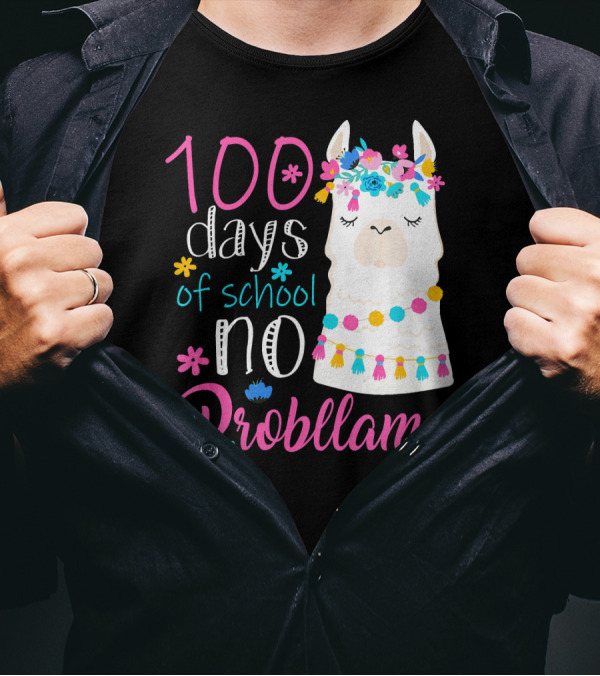 100 Days Of School Llama No Probllama With Colorful Flower Crown And Tassels T-Shirt