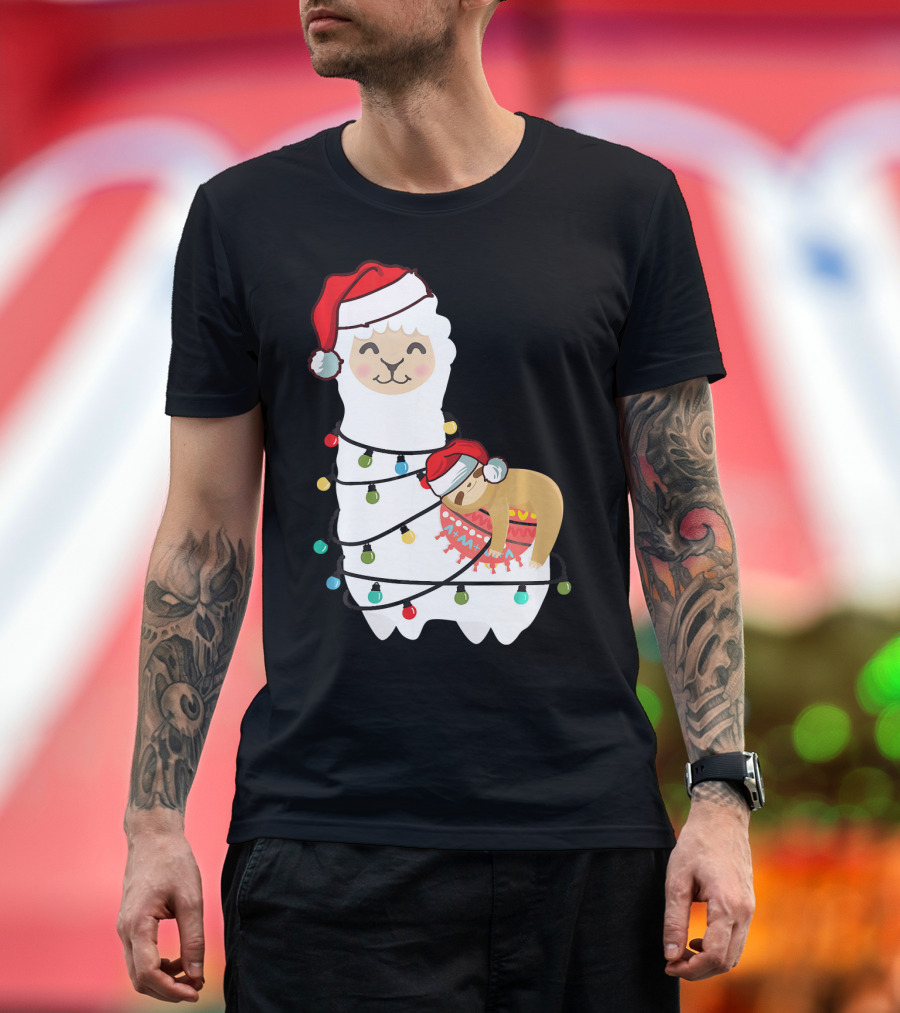 Cute Sloth Sleeping on Llama Alpaca with Christmas Lights and Santa Hats T-Shirt