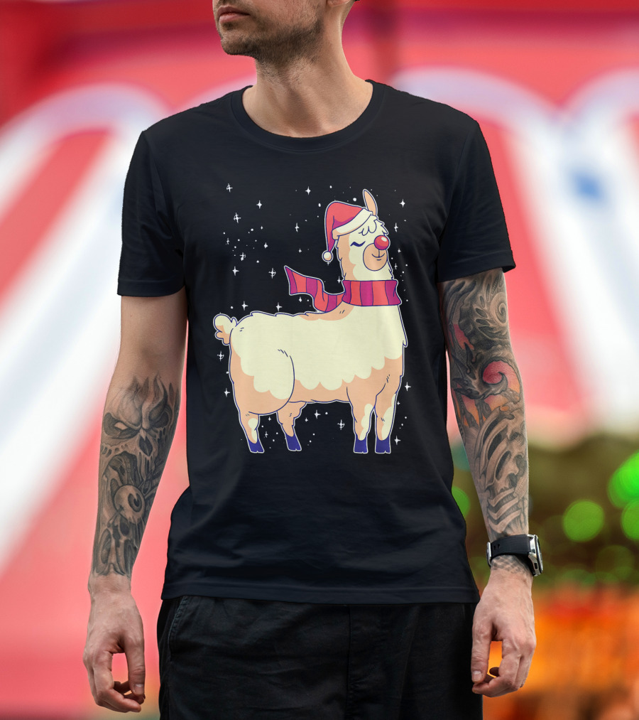 Christmas Llama Santa Hat Funny Alpaca with Scarf and Sparkling Stars T-Shirt