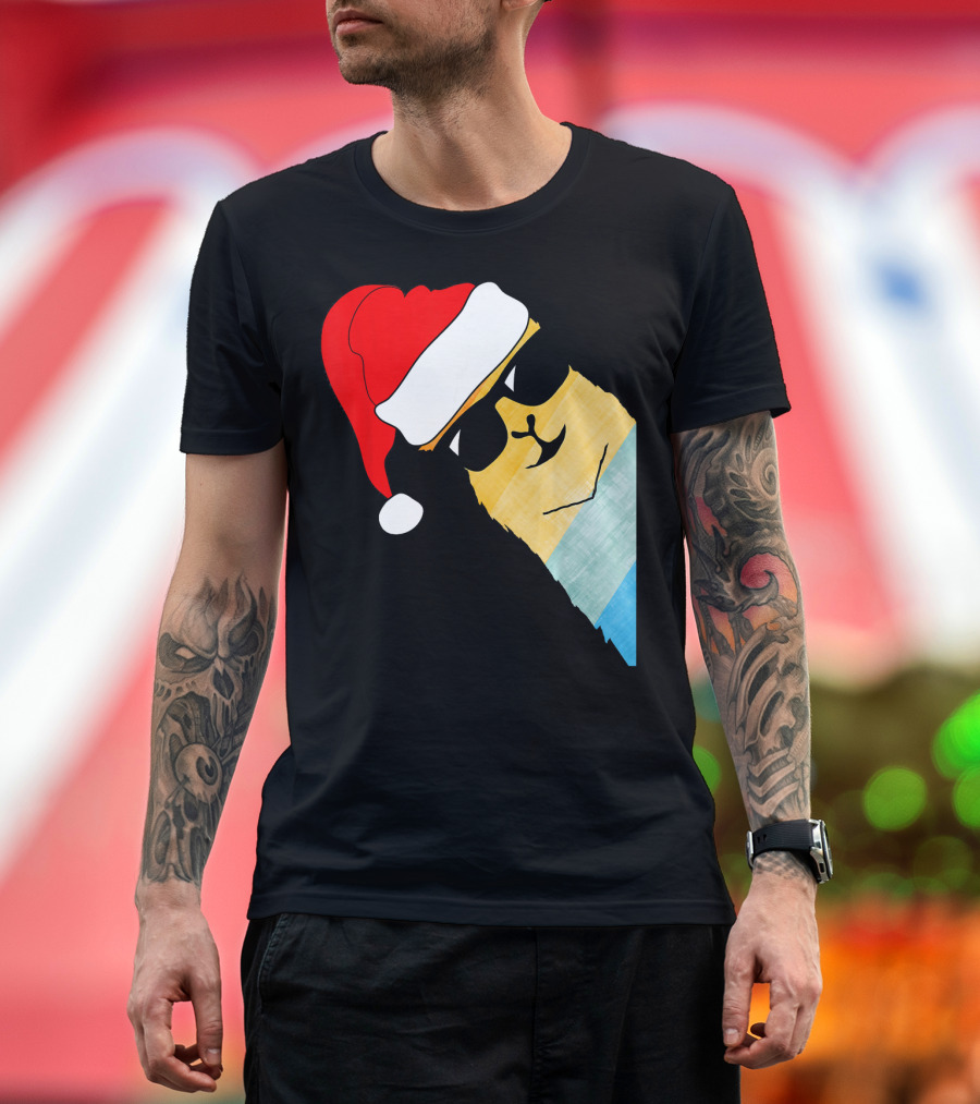 Cool Llama Alpaca With Santa Hat Sunglasses T-Shirt