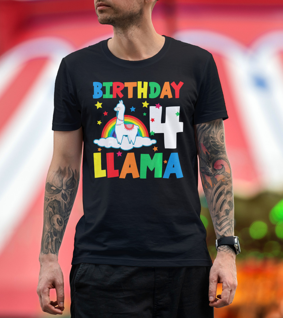 Birthday 4 Llama Rainbow Stars T-Shirt