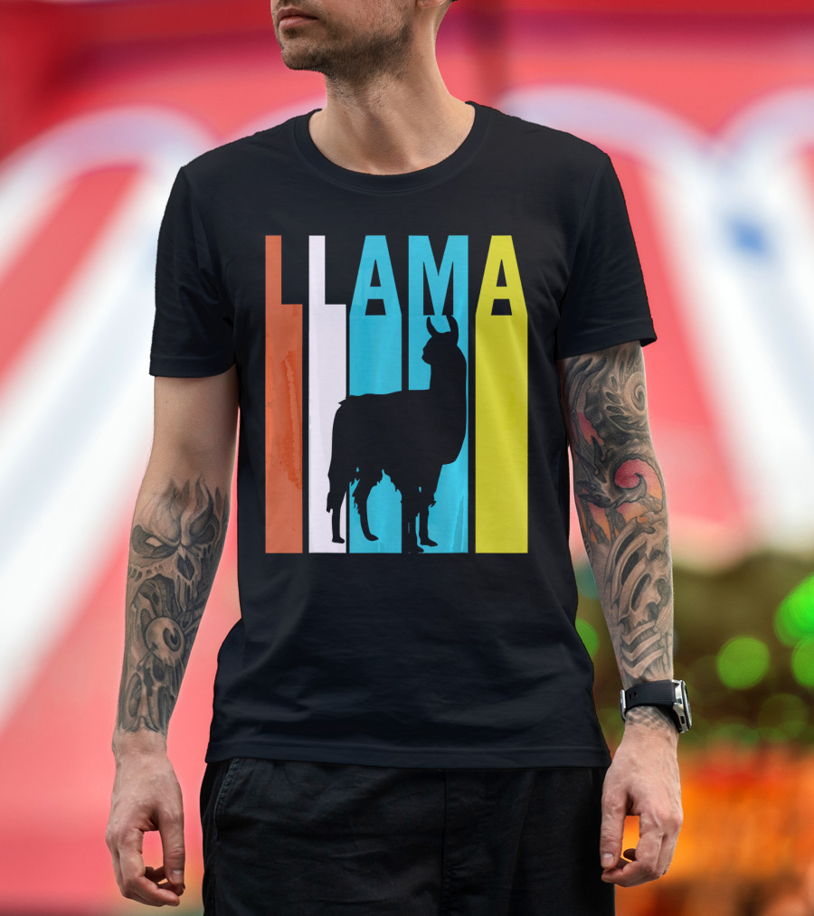 Llama Silhouette Retro Vintage Color Bars T-Shirt