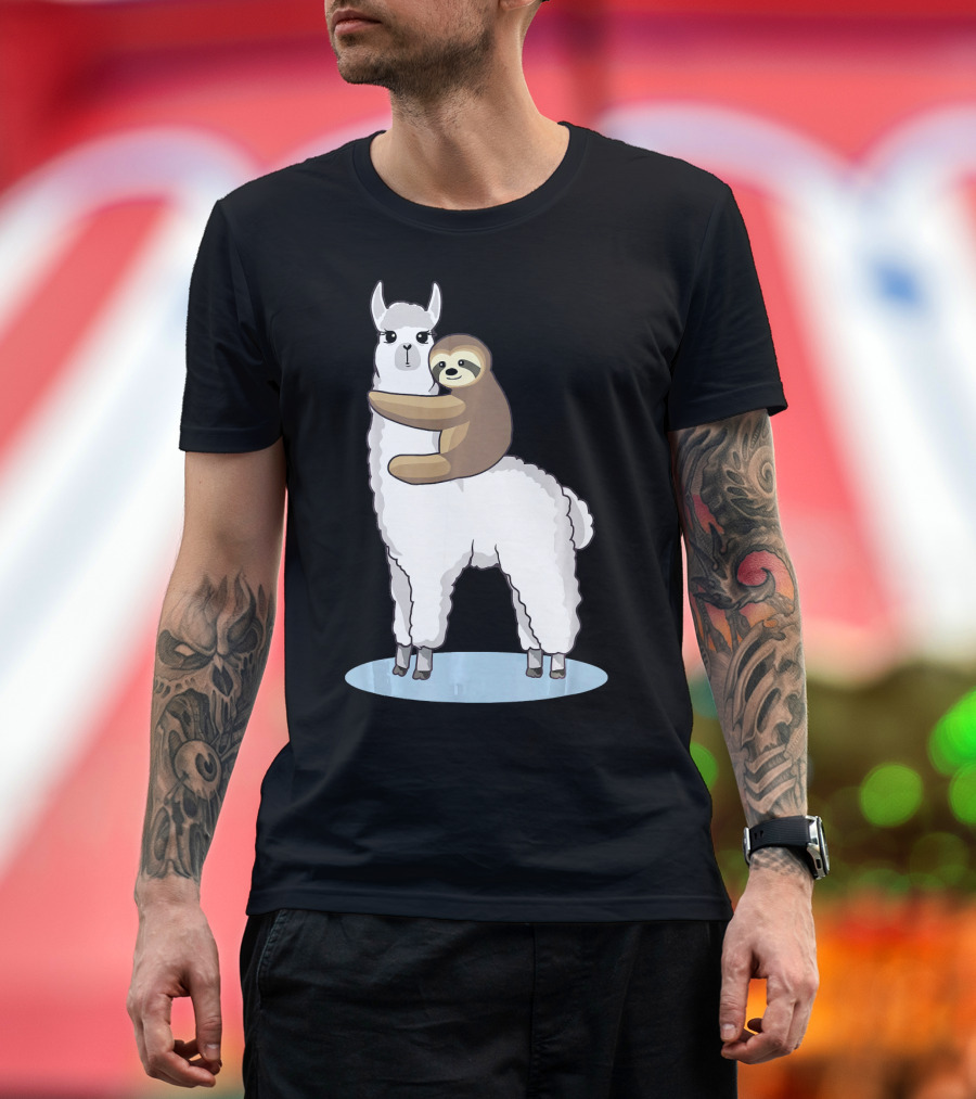 Cute Sloth Hugging Llama Alpaca T-Shirt