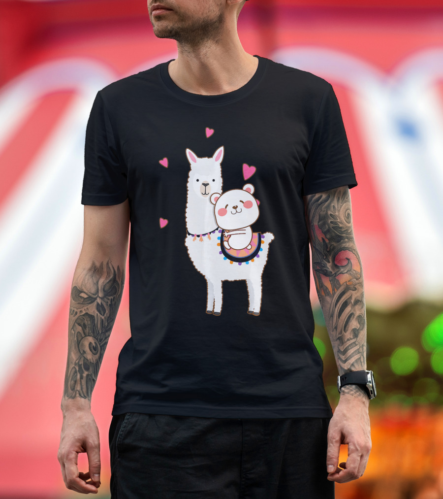 Bear Riding Llama Best Friends Alpaca Hearts T-Shirt
