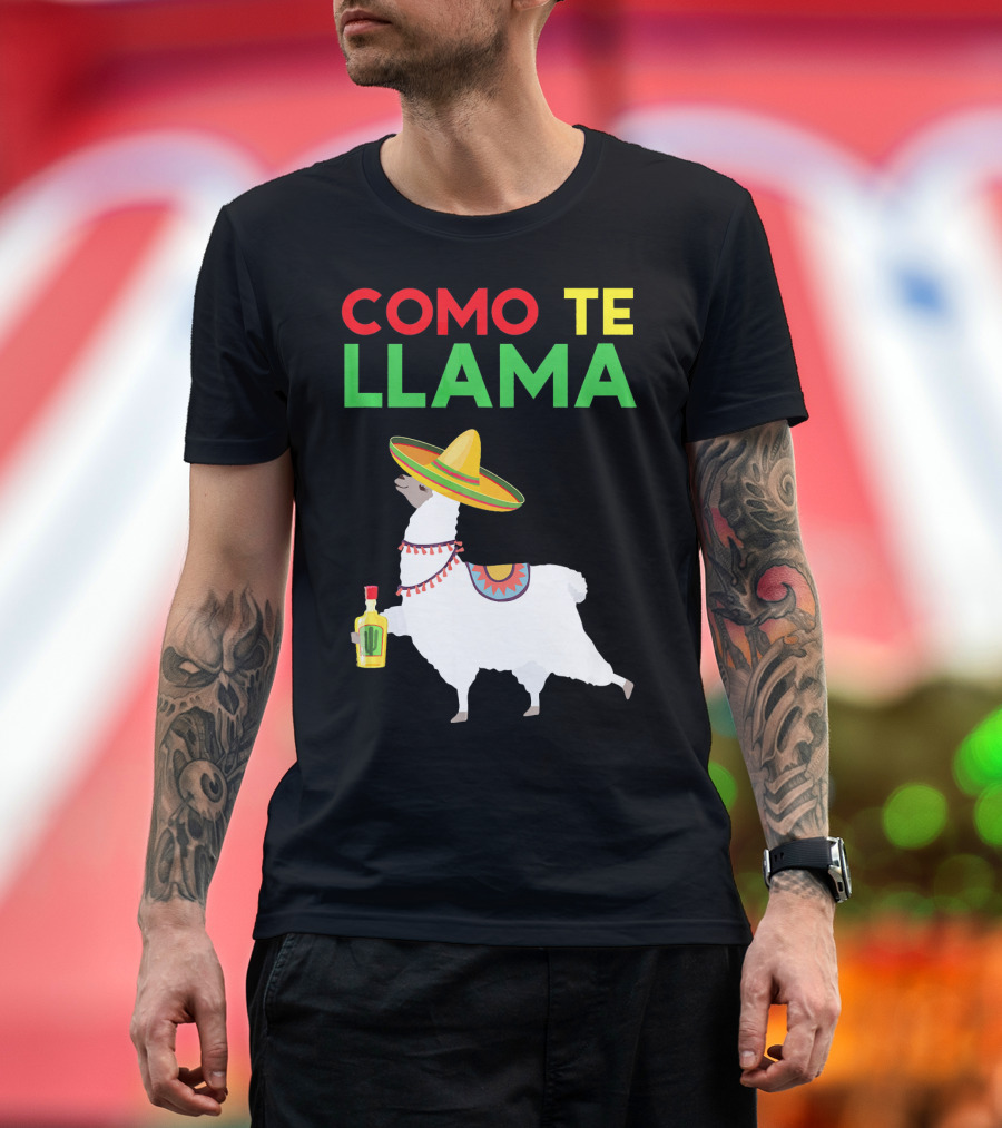 Como Te Llama Funny Cinco De Mayo Llama With Sombrero and Tequila T-Shirt