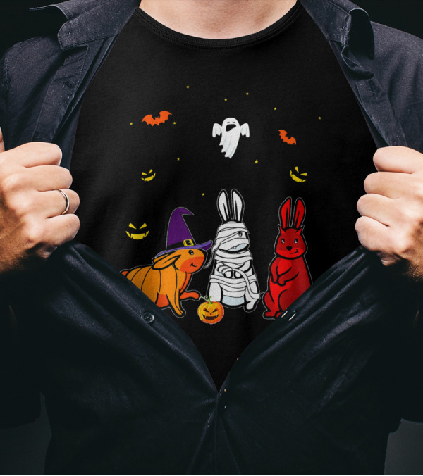 Cool Rabbit Has Devil Mummy Pumpkin Ghost Halloween Bats T-Shirt