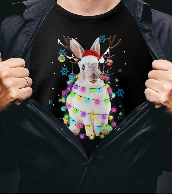 Christmas Reindeer Rabbit With Santa Hat And Festive Lights T-Shirt