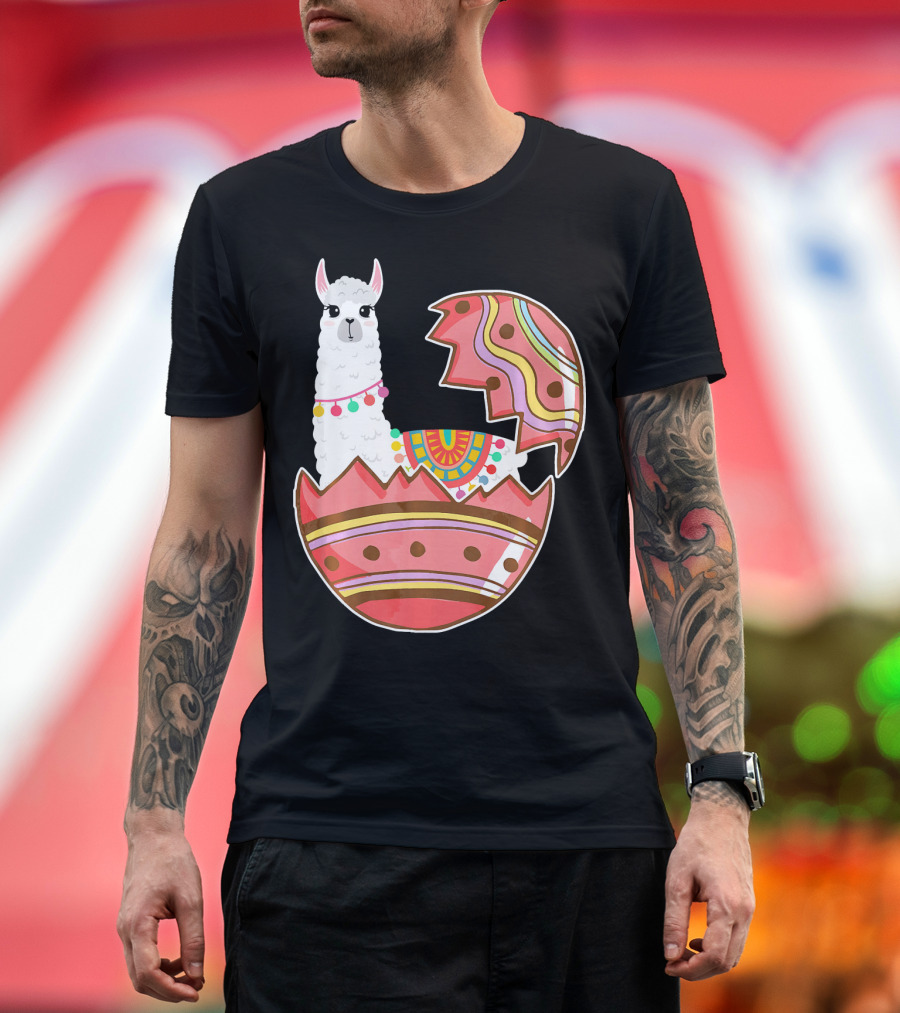 Funny Easter Egg Llama in Colorful Broken Shell T-Shirt