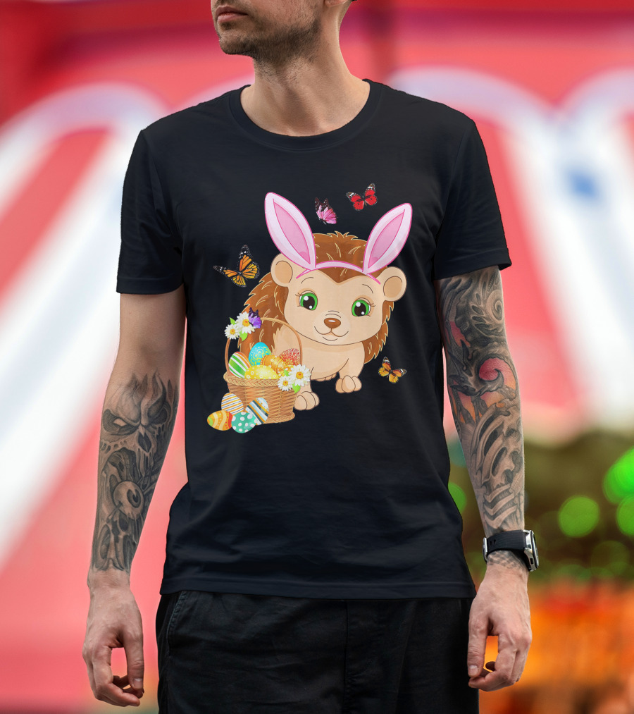 Hedgehog Wearing Bunny Hat with Easter Eggs and Butterflies T-Shirt