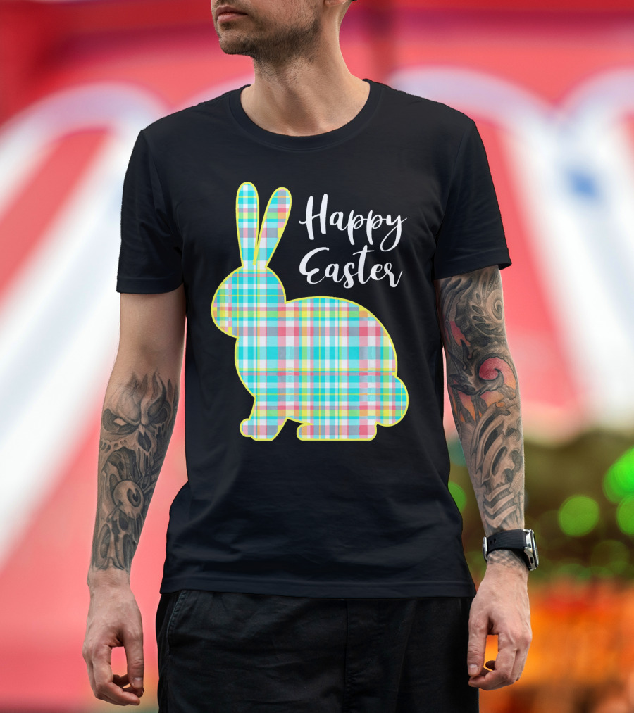 Happy Easter Multi Color Plaid Bunny T-Shirt