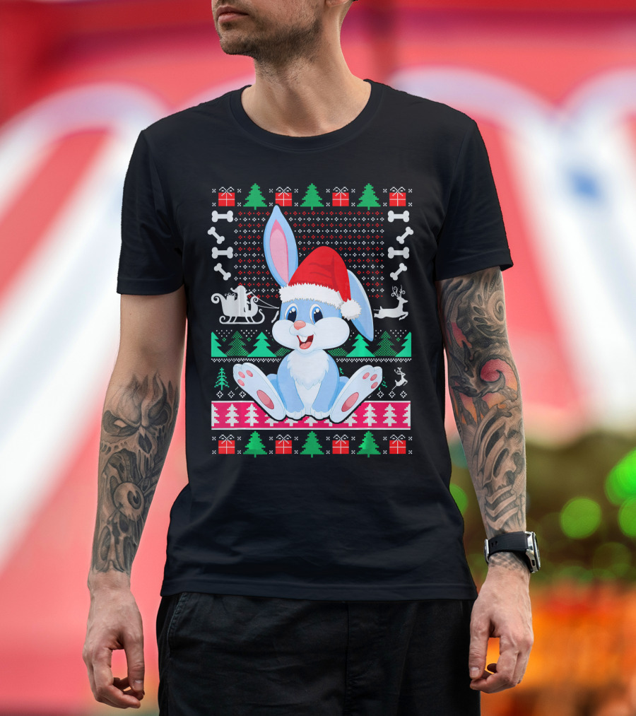 Funny Rabbit Lover Christmas Santa Hat Reindeer Sleigh Ugly T-Shirt
