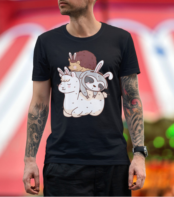 Premium T-Shirt: Easter Bunny Hedgehog Riding Sloth Rides Alpaca with Cute Ears T-Shirt Easter Bunny Hedgehog Riding Sloth Rides Alpaca with Cute Ears T-Shirt