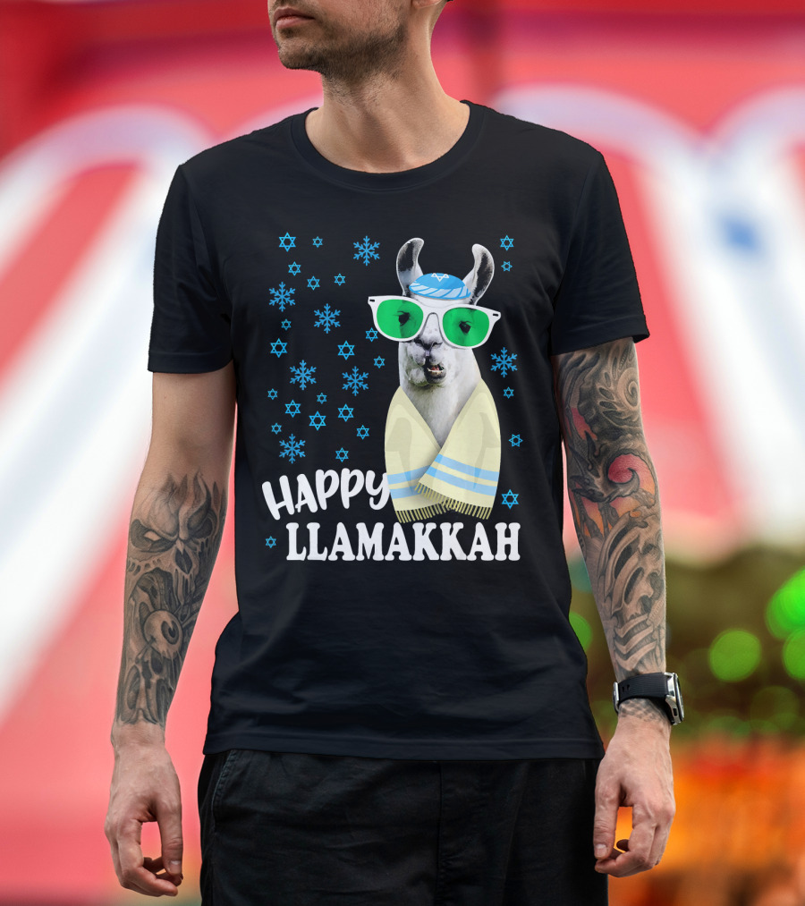 Happy Llamakkah Funny Llama with Glasses and Snowflakes T-Shirt