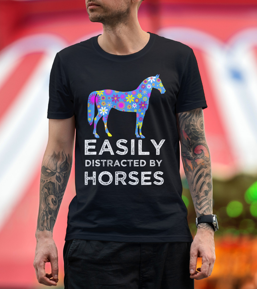 Easily Distracted By Horses Floral Pattern Horse T-Shirt