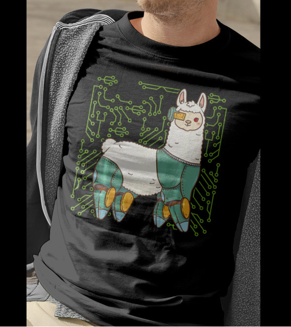 Cyborg Llama Robot Alpaca Circuitry Humor T-Shirt
