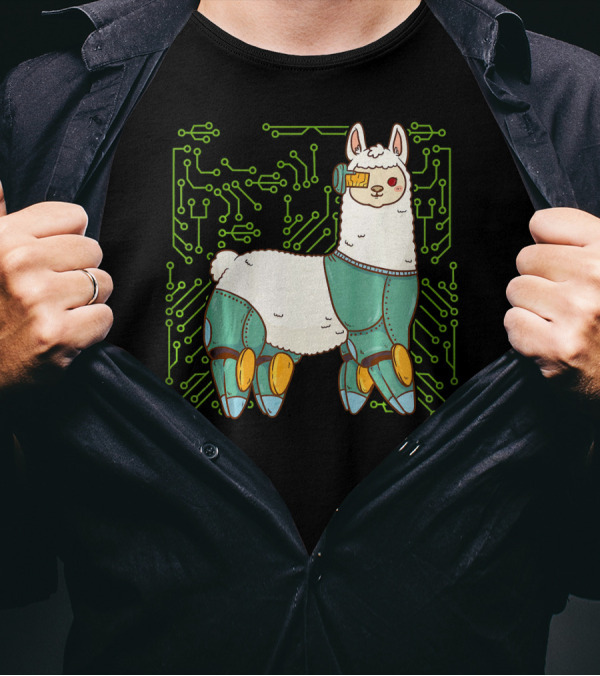 Cyborg Llama Robot Alpaca Circuitry Humor T-Shirt