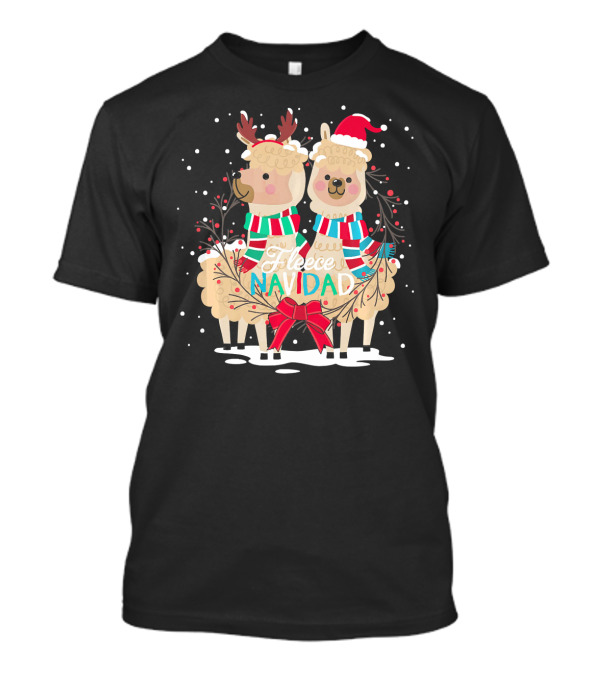 Fleece Navidad Christmas Llama And Alpaca In Festive Attire With Snowflakes T-Shirt