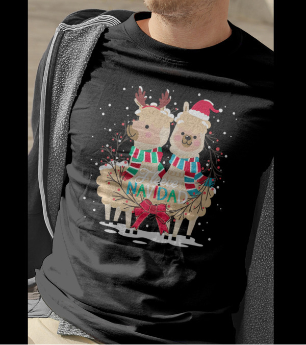 Fleece Navidad Christmas Llama And Alpaca In Festive Attire With Snowflakes T-Shirt