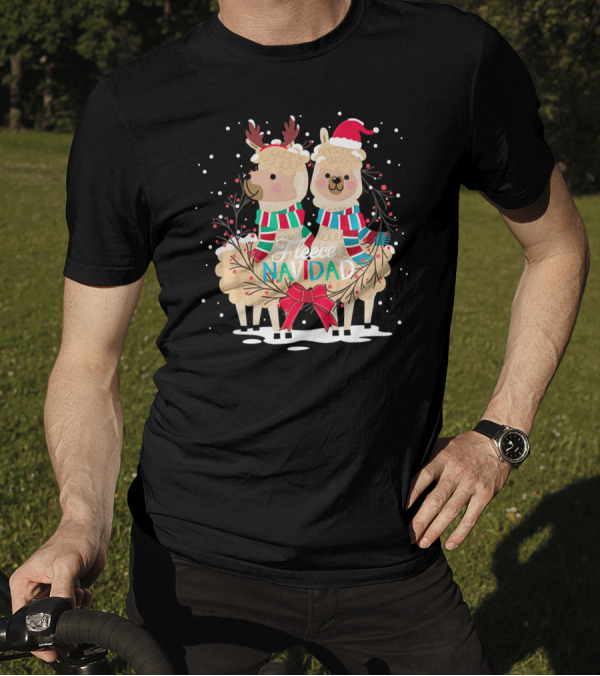 Fleece Navidad Christmas Llama And Alpaca In Festive Attire With Snowflakes T-Shirt