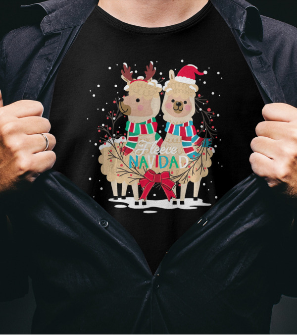Fleece Navidad Christmas Llama And Alpaca In Festive Attire With Snowflakes T-Shirt