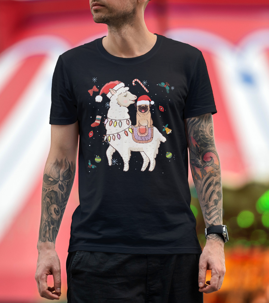 Funny Christmas Llama Alpaca with Santa Hat Pug T-Shirt