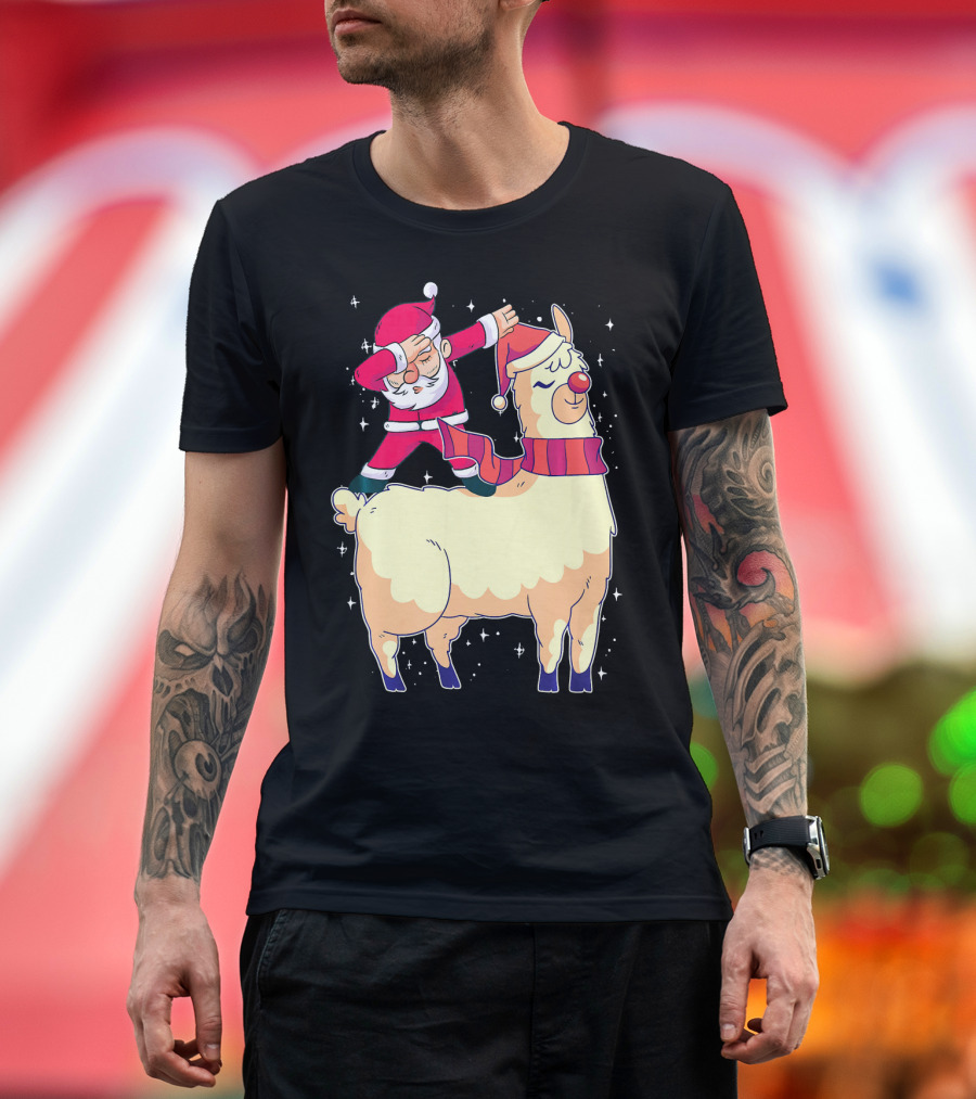 Funny Christmas Dabbing Santa Riding Llama T-Shirt
