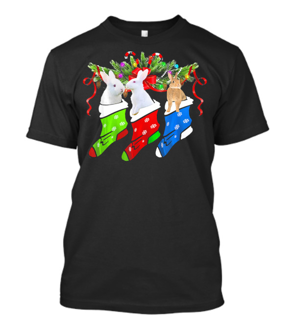 Funny Three Rabbit In Colorful Christmas Sock With Candy Canes, Pine, T-Shirt