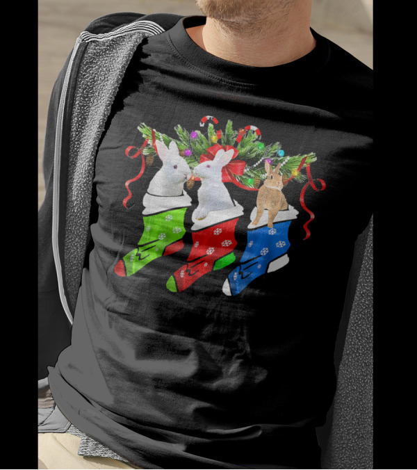 Funny Three Rabbit In Colorful Christmas Sock With Candy Canes, Pine, T-Shirt