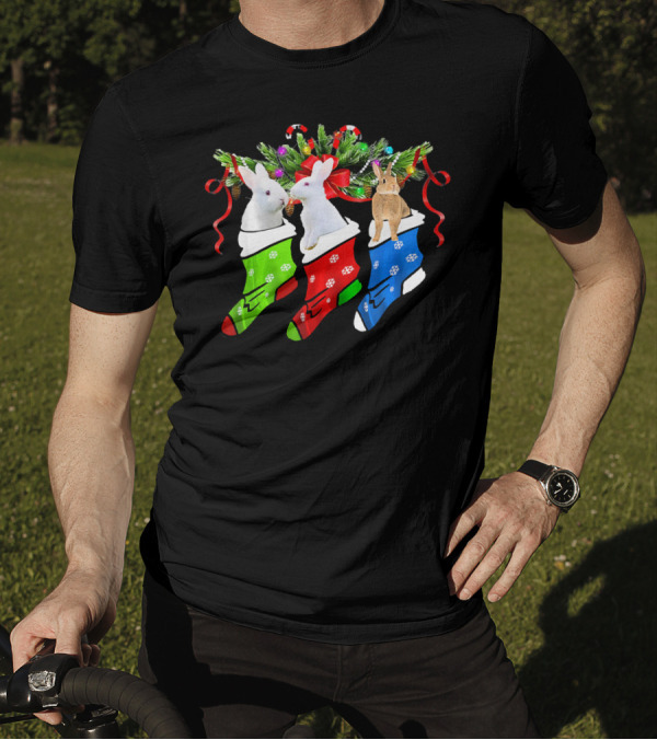 Funny Three Rabbit In Colorful Christmas Sock With Candy Canes, Pine, T-Shirt