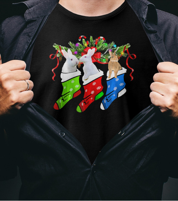 Funny Three Rabbit In Colorful Christmas Sock With Candy Canes, Pine, T-Shirt