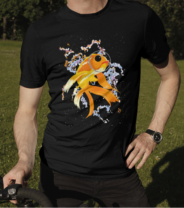 Goldfish Floating Through Cosmic Nebula Spirals T-Shirt