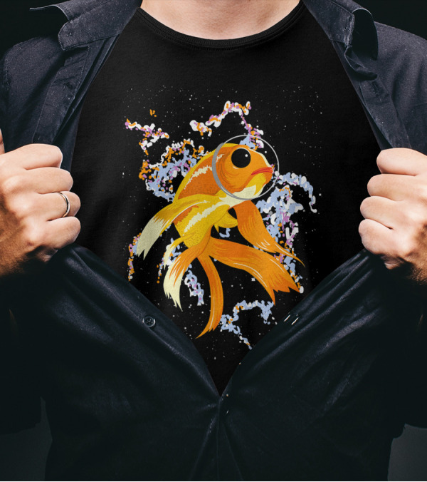 Goldfish Floating Through Cosmic Nebula Spirals T-Shirt