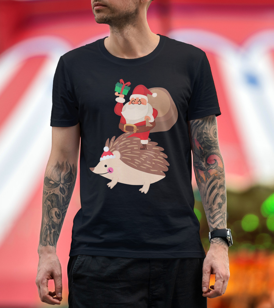 Funny Santa Riding Hedgehog with Gift Sack and Hat T-Shirt