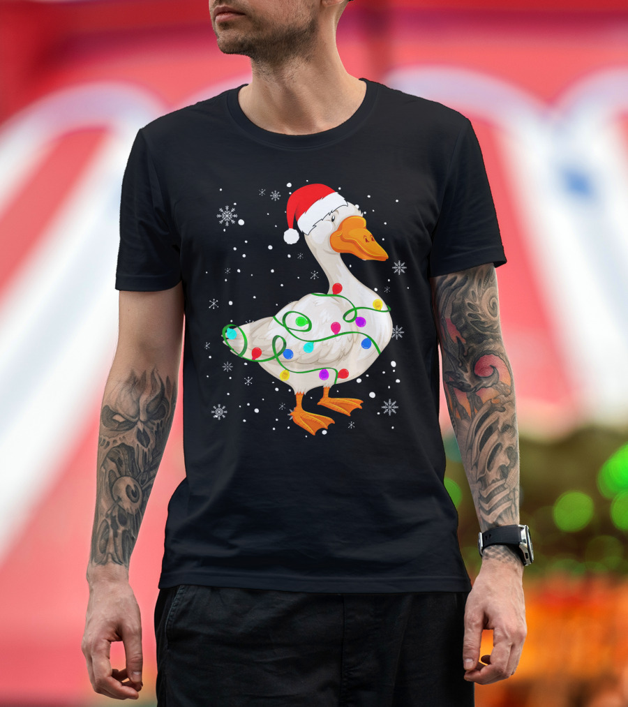 Goose With Christmas Lights Snowflakes Festive Santa Hat Matching Fam T-Shirt
