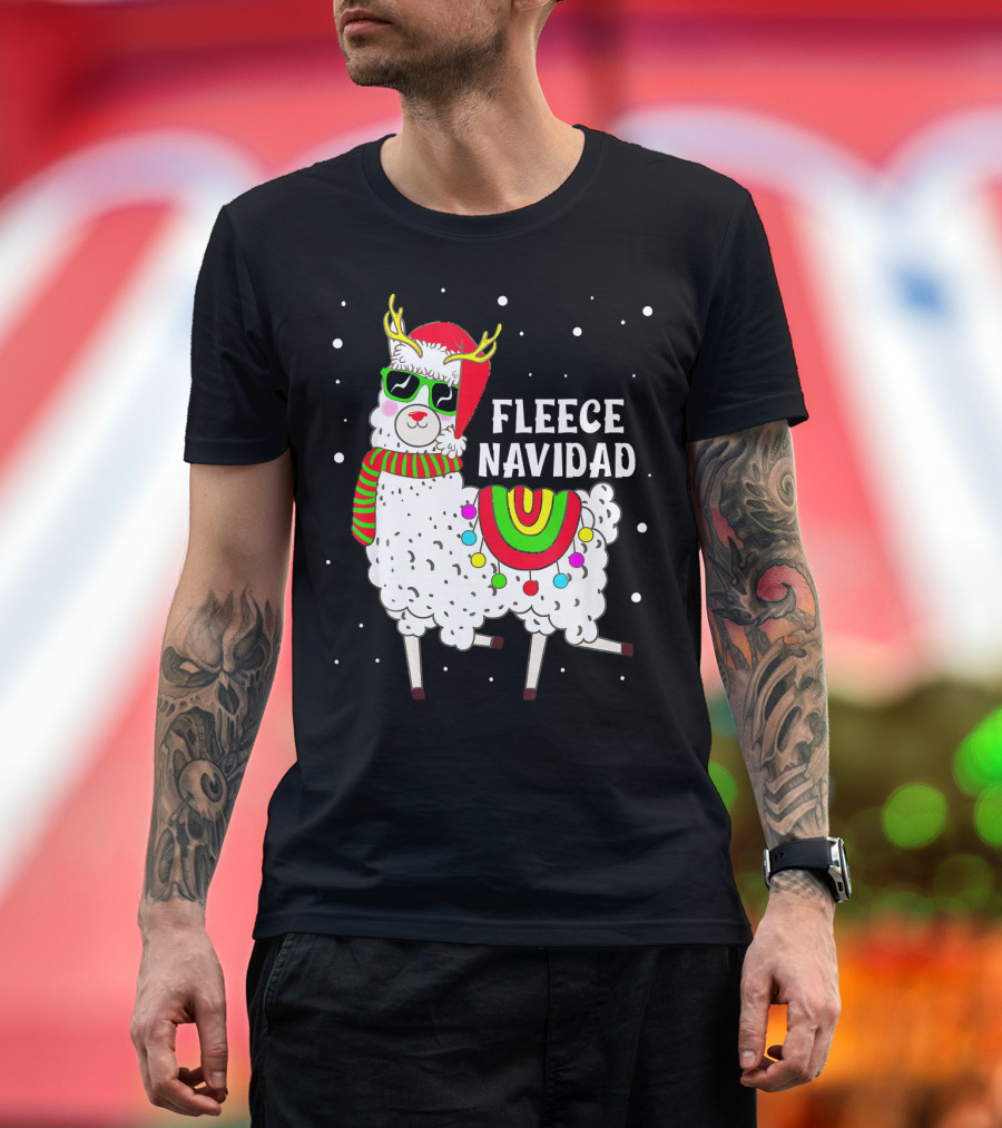Fleece Navidad Llama Christmas Santa Hat Reindeer Antlers Festive Lights T-Shirt
