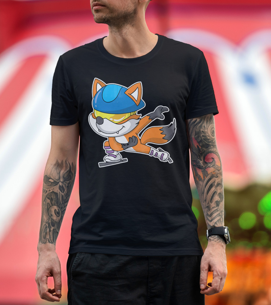 Fox Wearing Blue Helmet Speed Skater Ice Skating T-Shirt