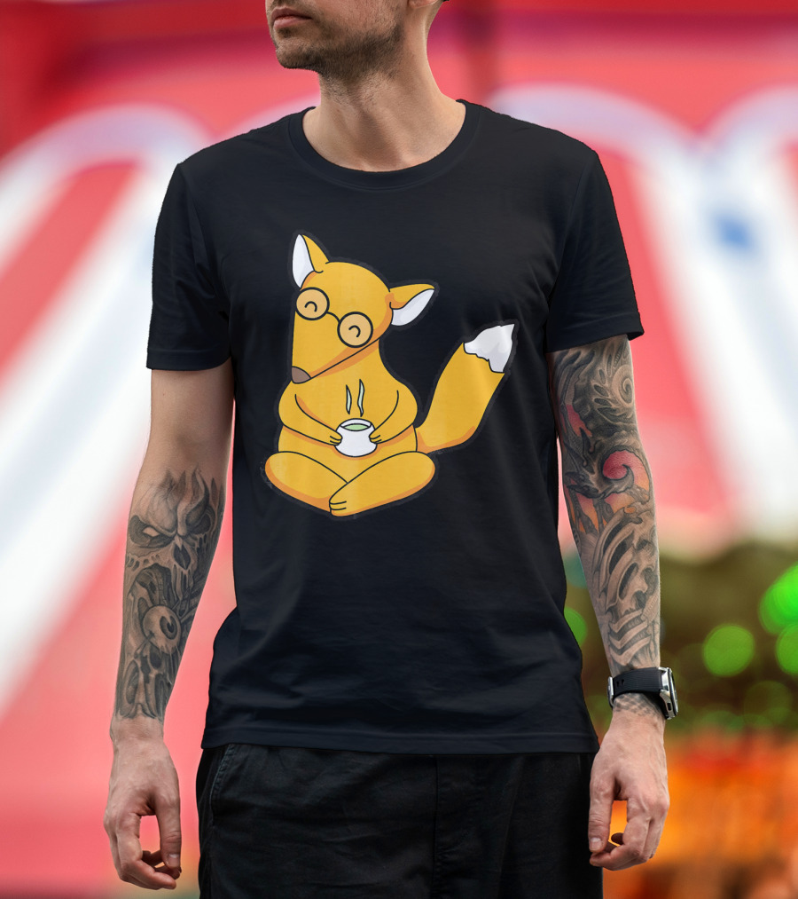 Happy Cartoon Fox Nerd Tea Time T-Shirt