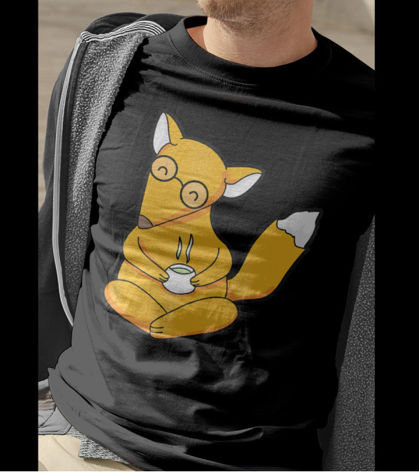 Happy Cartoon Fox Nerd Tea Time T-Shirt