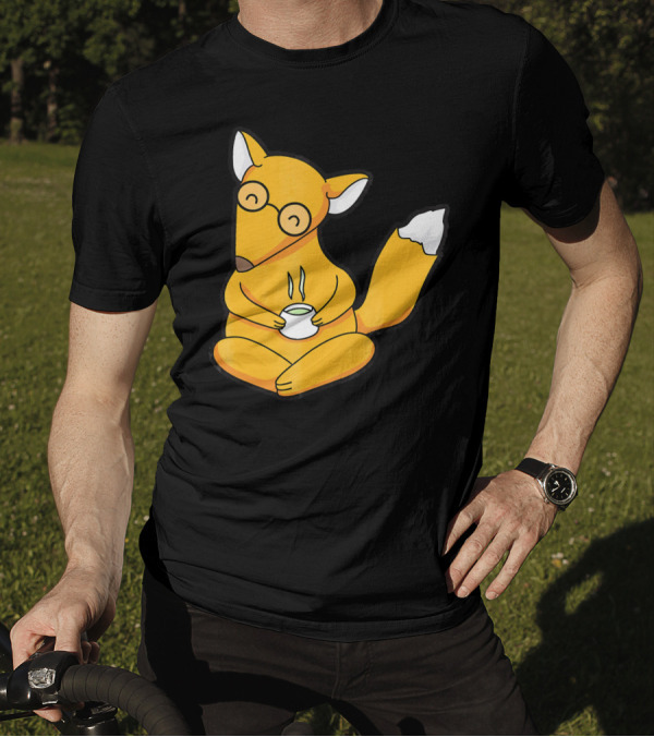Happy Cartoon Fox Nerd Tea Time T-Shirt