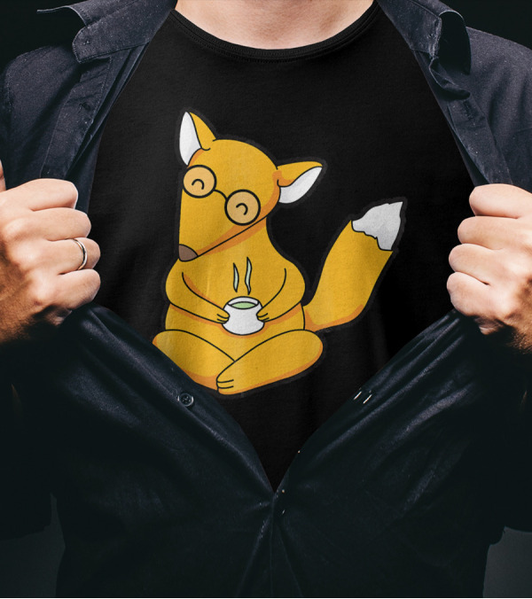 Happy Cartoon Fox Nerd Tea Time T-Shirt