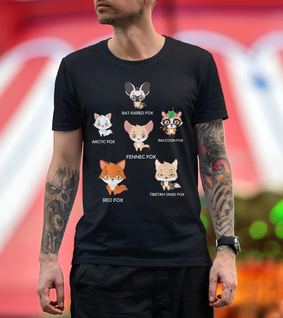 Cute Funny Foxes of the World Arctic Red Fennec Bat-Eared Raccoon Tibetan Sand Fox T-Shirt