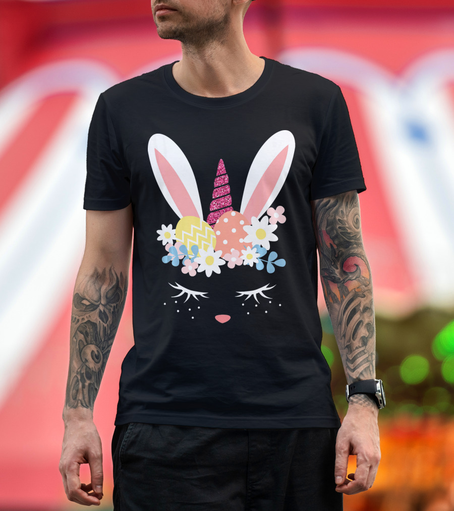Glitter Unicorn Horn Bunny Ears Pastel Easter Eggs and Flowers T-Shirt