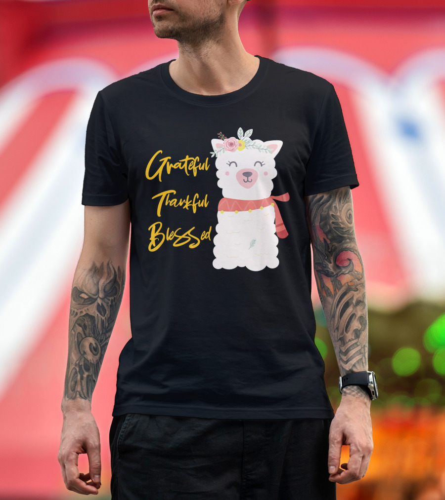 Grateful Thankful Blessed Llama Flower Crown T-Shirt