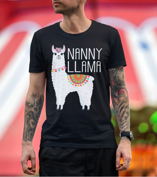 Premium T-Shirt: Nanny Llama Festive Fun with Colorful Saddle and Floral Crown T-Shirt Nanny Llama Festive Fun with Colorful Saddle and Floral Crown T-Shirt