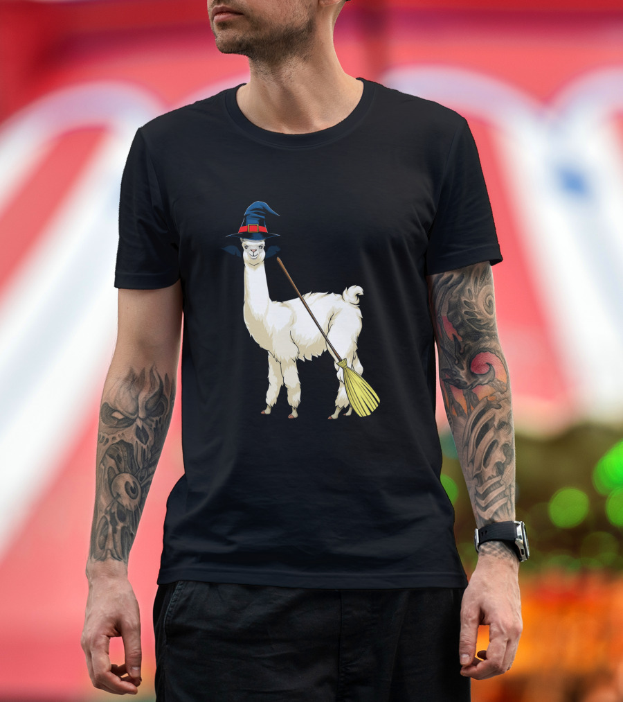 Halloween Witch Llama Alpaca With Broomstick T-Shirt