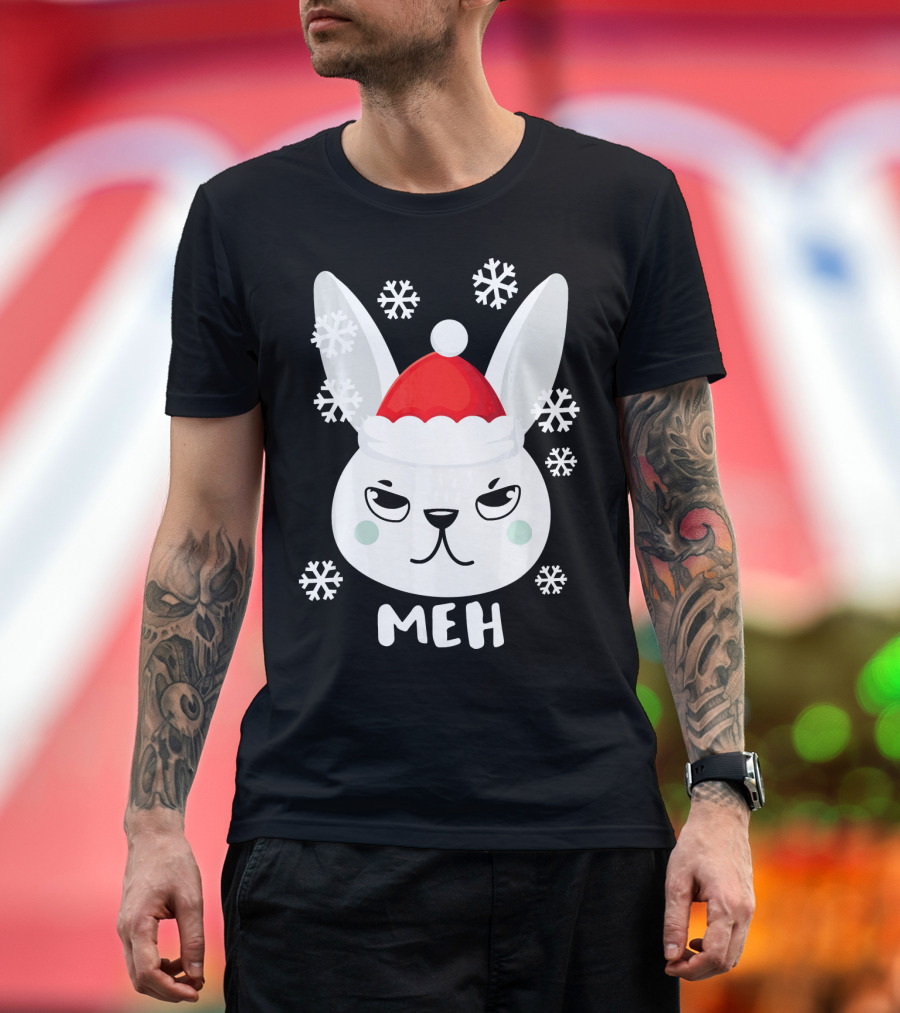 Grumpy Bunny Meh Snowflakes Christmas Rabb Santa Hat T-Shirt