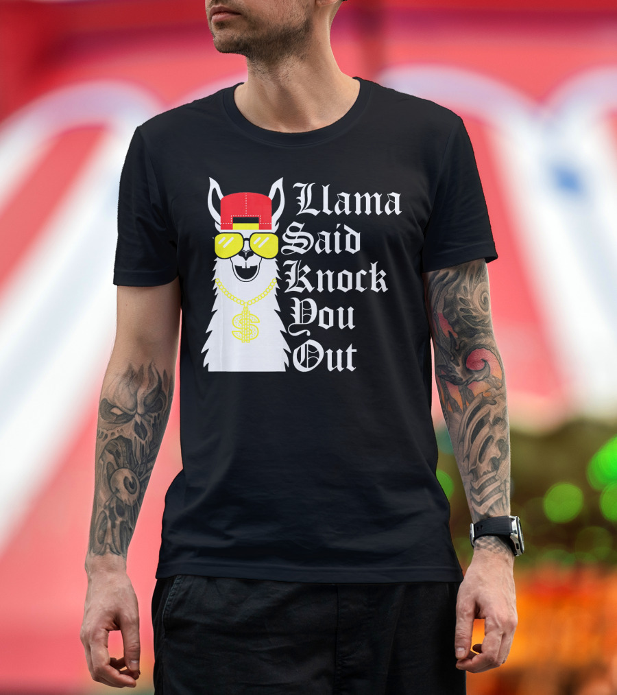 Llama Said Knock You Out Funny Llama with Sunglasses and Cap T-Shirt