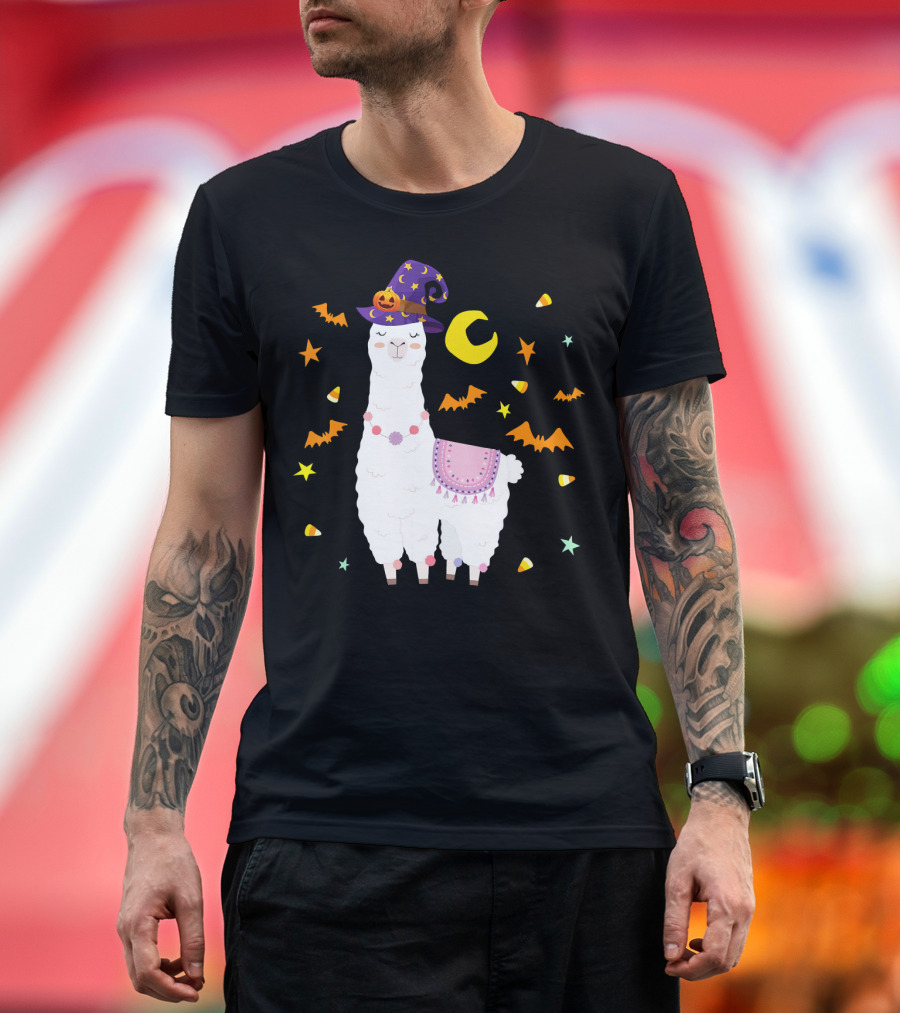 Llama Alpaca Halloween Witch Costume with Stars and Bats T-Shirt