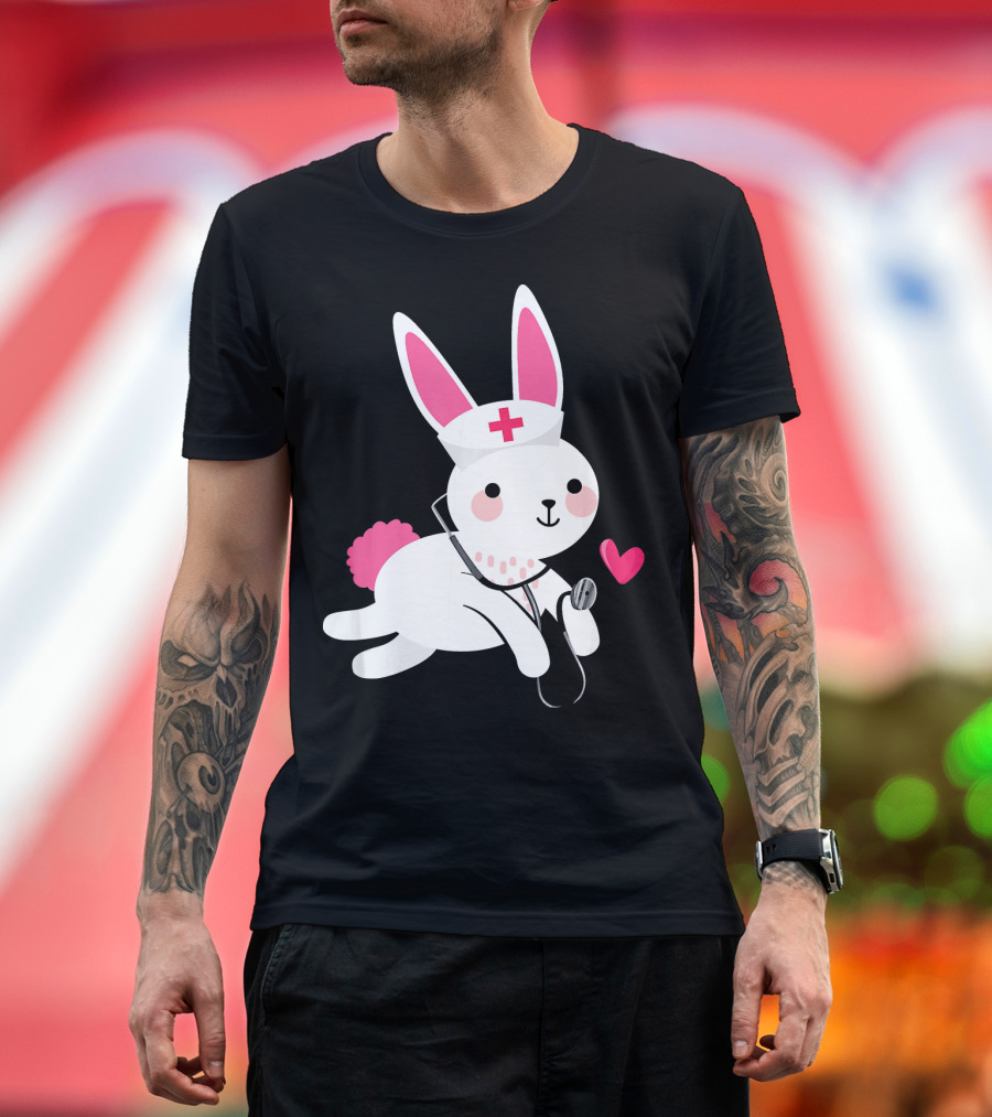 Cute Nurse Bunny Easter Humor Stethoscope and Heart T-Shirt